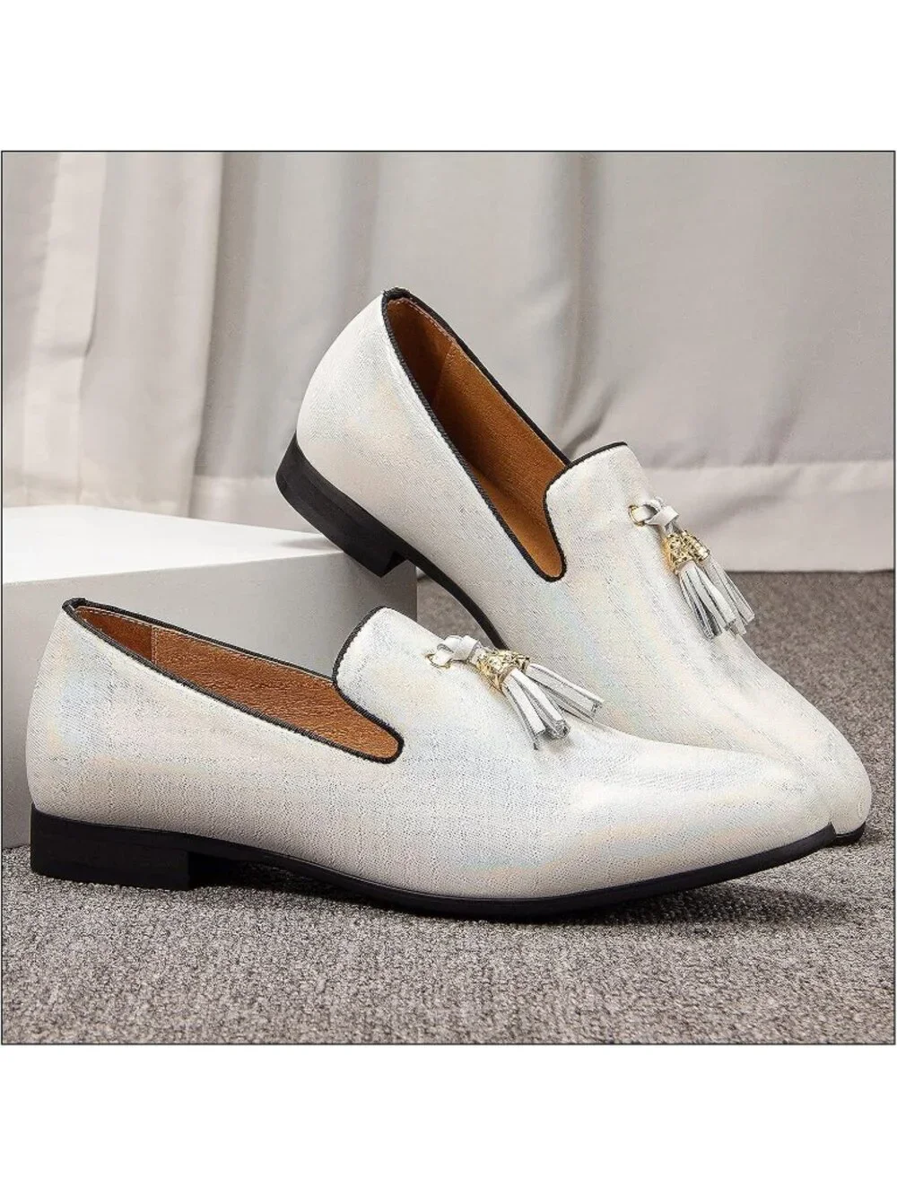 JITAI Men's White Rubber Loafer Metal Lion Head Buckle Comfortable Wedding Shoes